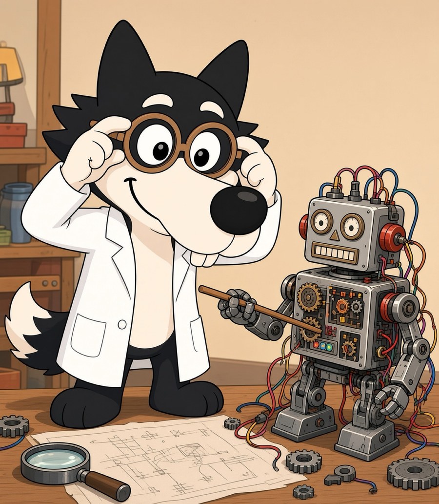 Wolfie the friendly scientist explaining a robot